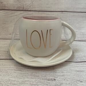Rae Dunn LOVE Mug and Saucer White with Pink Interior Valentine's Coffee Cup